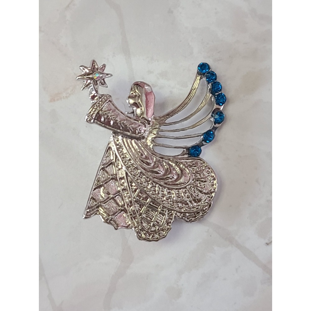 Vintage Monet Silver Tone Enameled Christmas Angel Star Brooch Pin